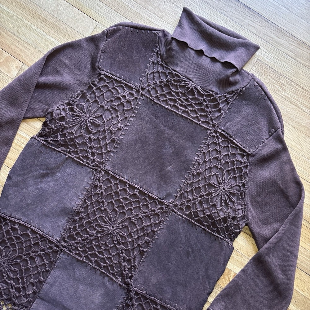 VTG Crochet Leather Silk Turtleneck Sweater Women XL Artsy‎ Joseph A. Boho Retro